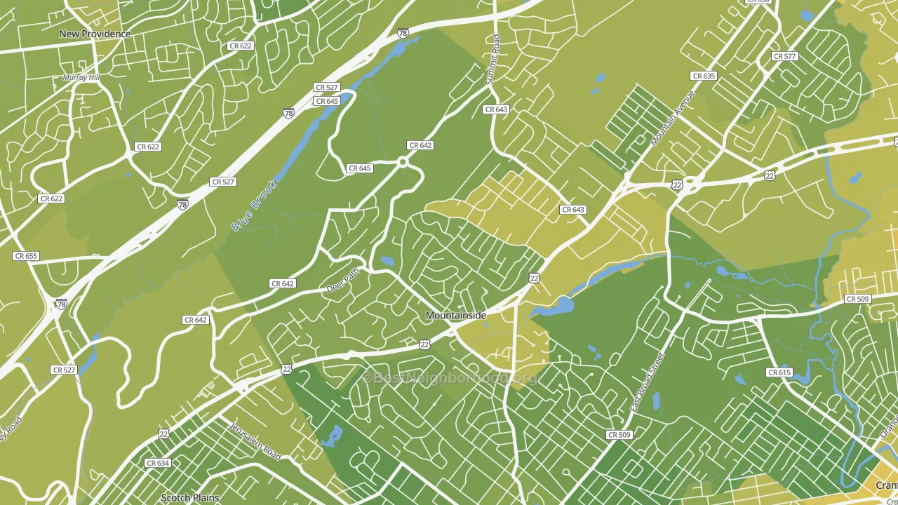 Map of the best neighborhoods in the 07092 area, with better matches in green and worse matches in red
