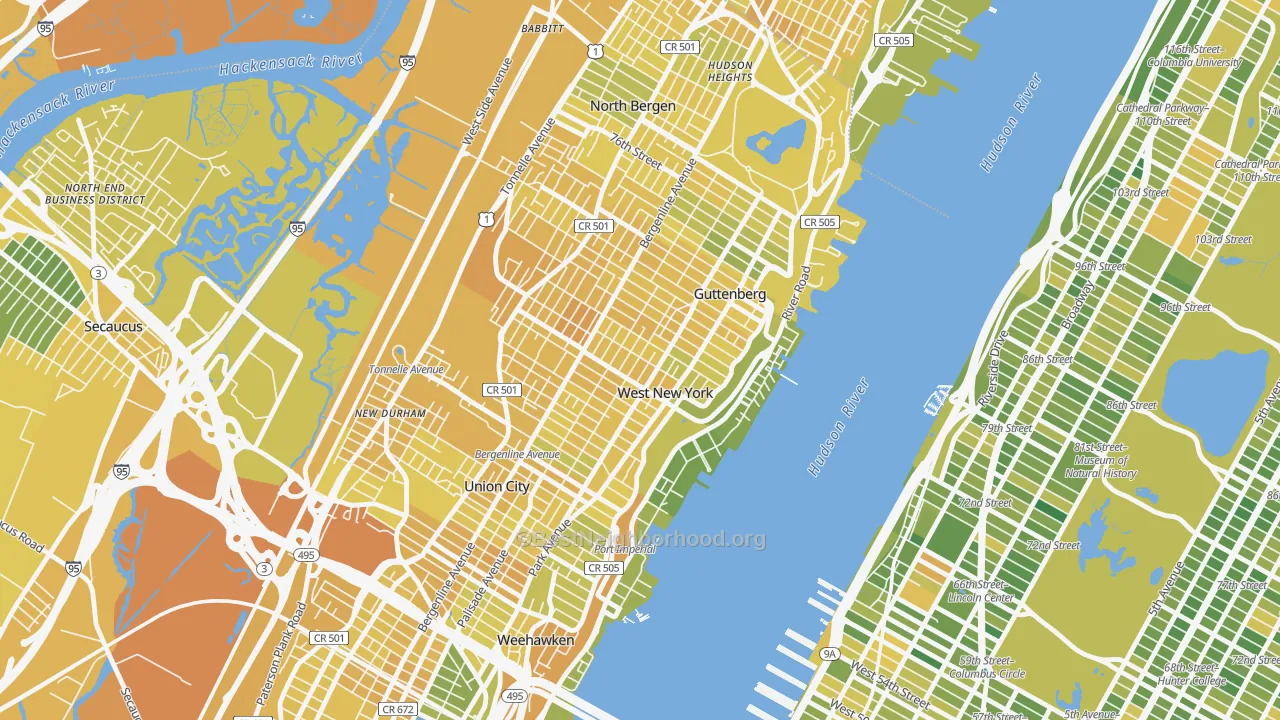 Map of the best neighborhoods in the 07093 area, with better matches in green and worse matches in red