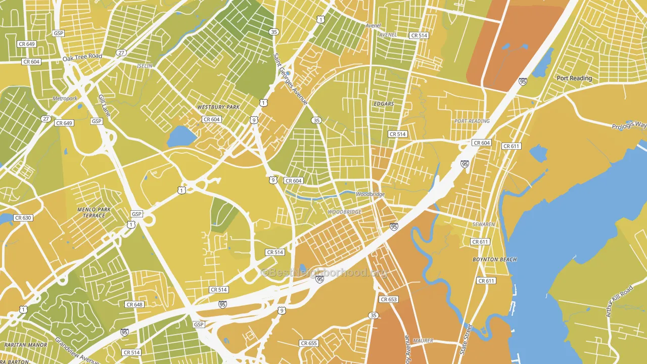 Map of the best neighborhoods in the 07095 area, with better matches in green and worse matches in red