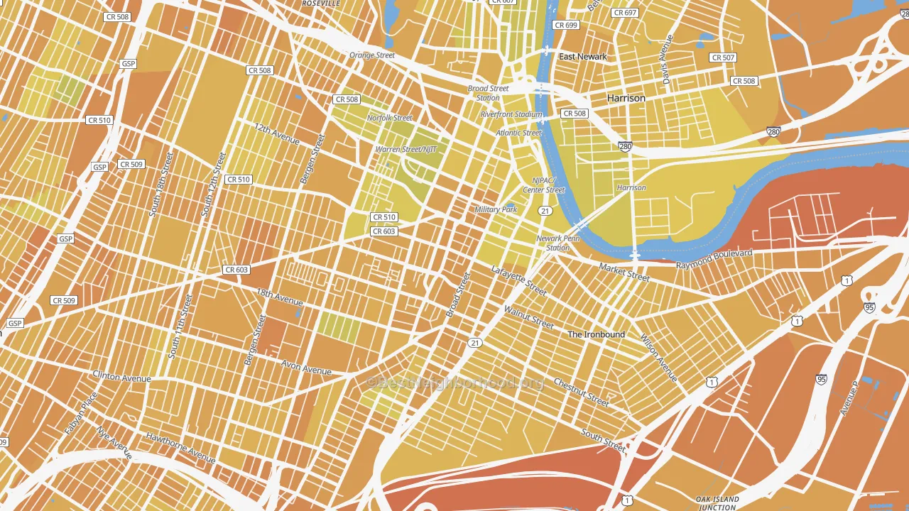 Map of the best neighborhoods in the 07102 area, with better matches in green and worse matches in red