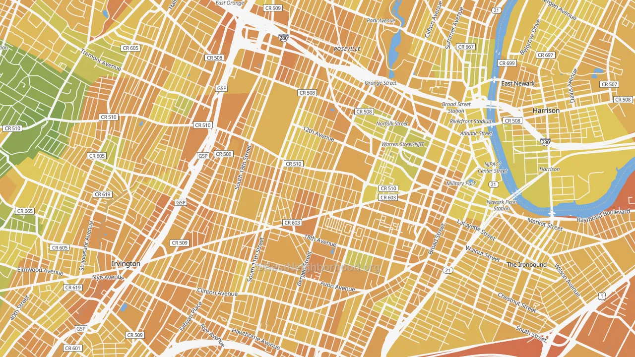 Map of the best neighborhoods in the 07103 area, with better matches in green and worse matches in red