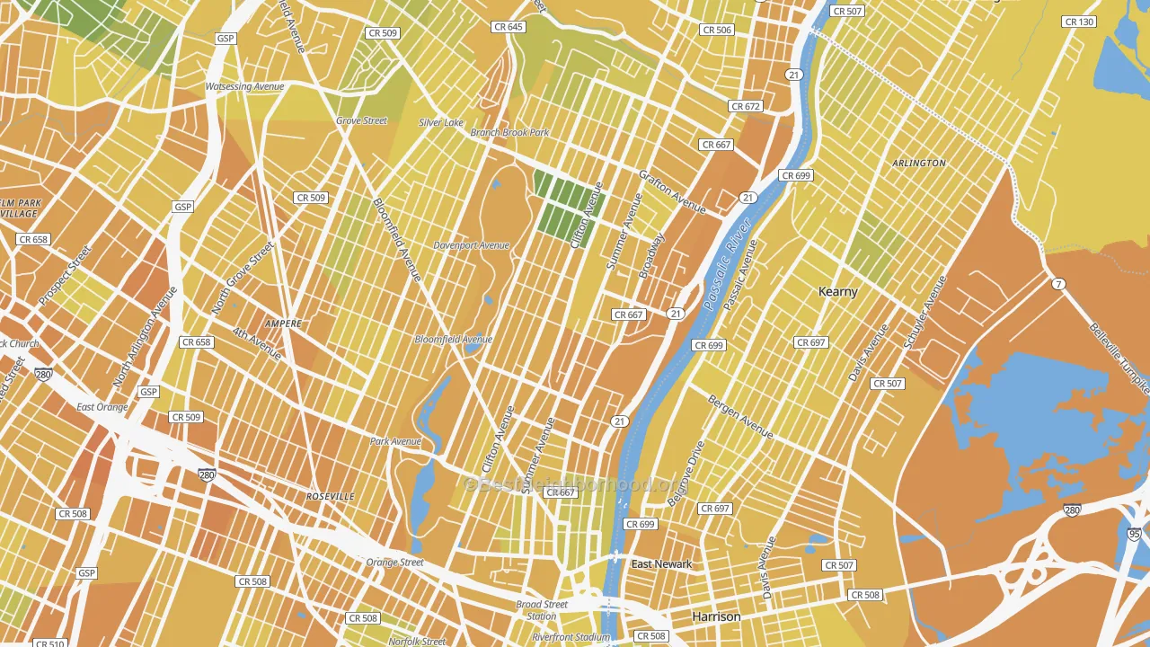 Map of the best neighborhoods in the 07104 area, with better matches in green and worse matches in red