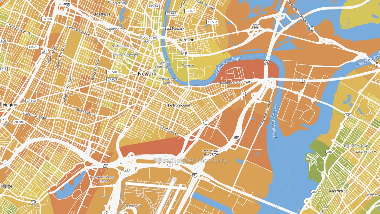 Map of the best neighborhoods in the 07105 area, with better matches in green and worse matches in red