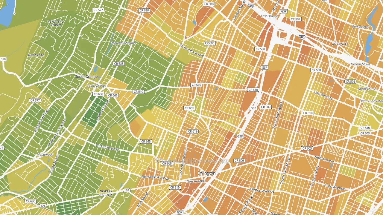 Map of the best neighborhoods in the 07106 area, with better matches in green and worse matches in red