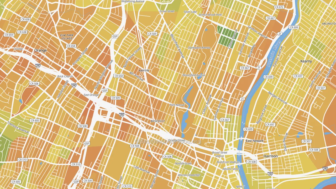 Map of the best neighborhoods in the 07107 area, with better matches in green and worse matches in red