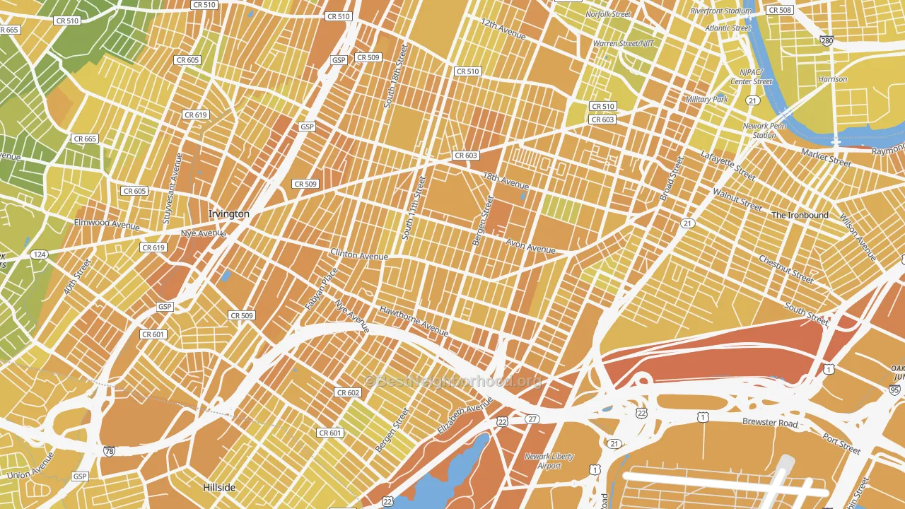 Map of the best neighborhoods in the 07108 area, with better matches in green and worse matches in red