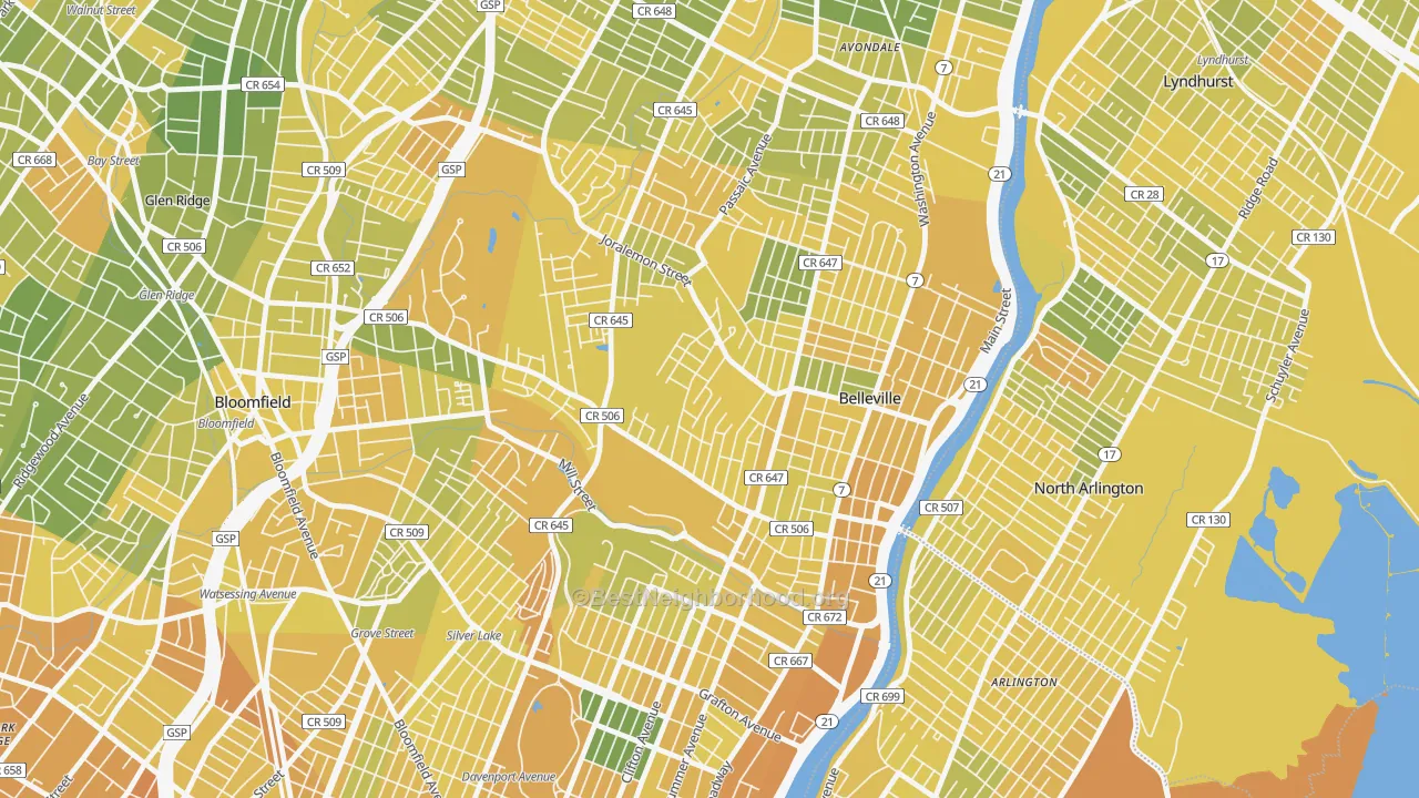 Map of the best neighborhoods in the 07109 area, with better matches in green and worse matches in red
