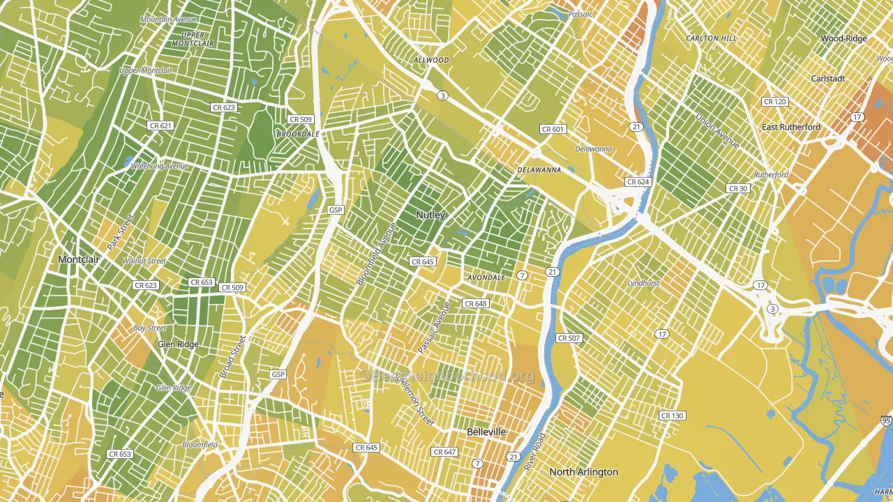 Map of the best neighborhoods in the 07110 area, with better matches in green and worse matches in red