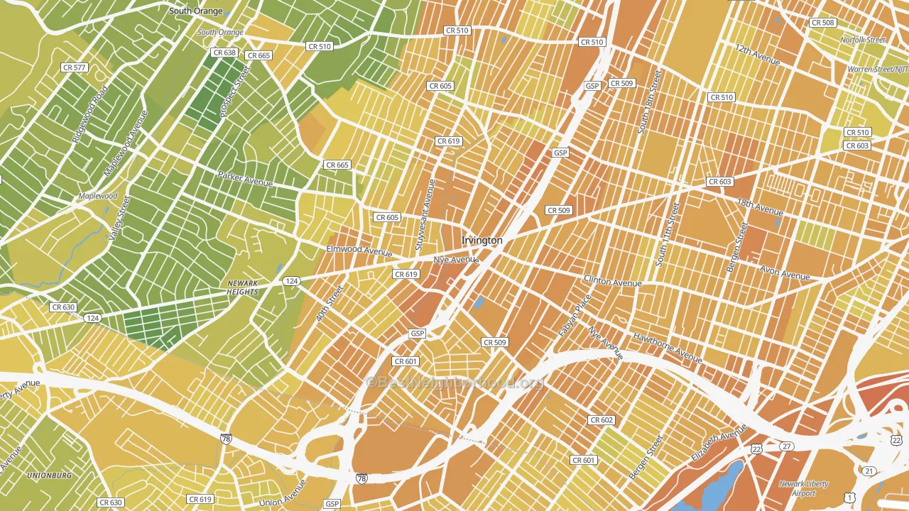 Map of the best neighborhoods in the 07111 area, with better matches in green and worse matches in red