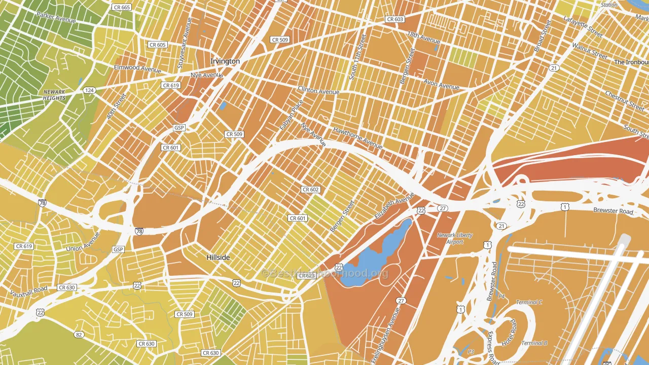 Map of the best neighborhoods in the 07112 area, with better matches in green and worse matches in red