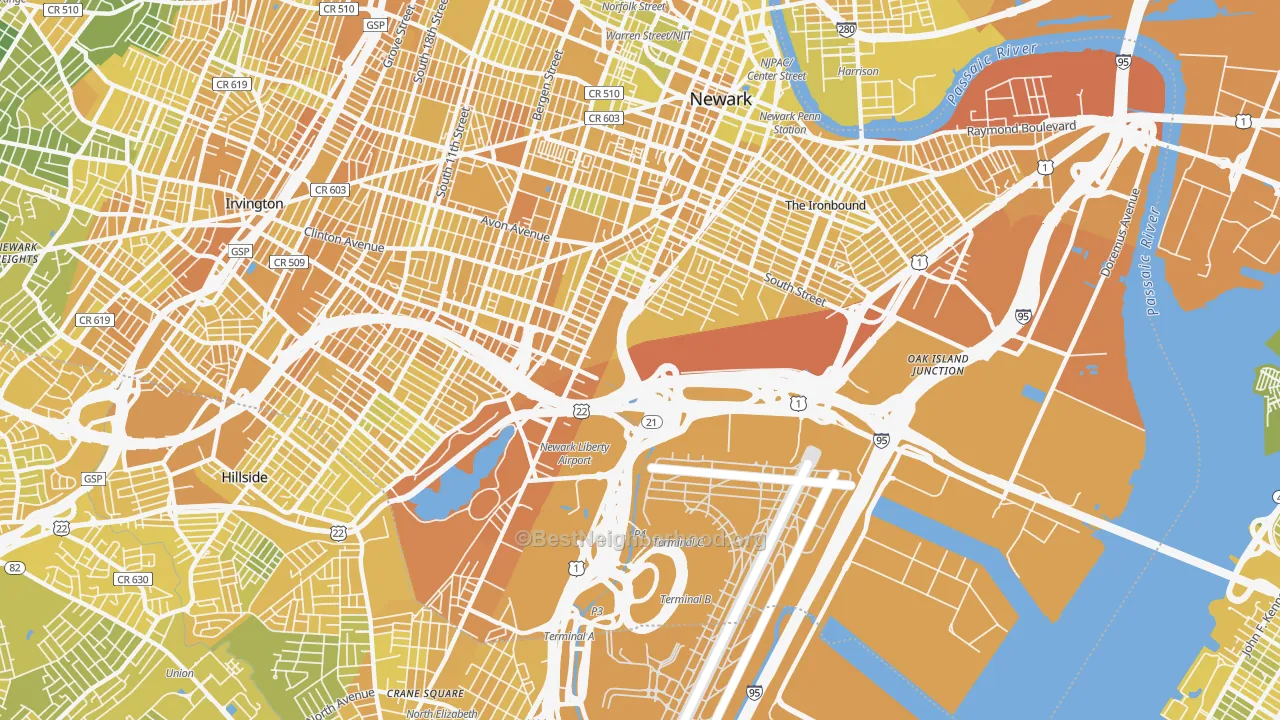 Map of the best neighborhoods in the 07114 area, with better matches in green and worse matches in red