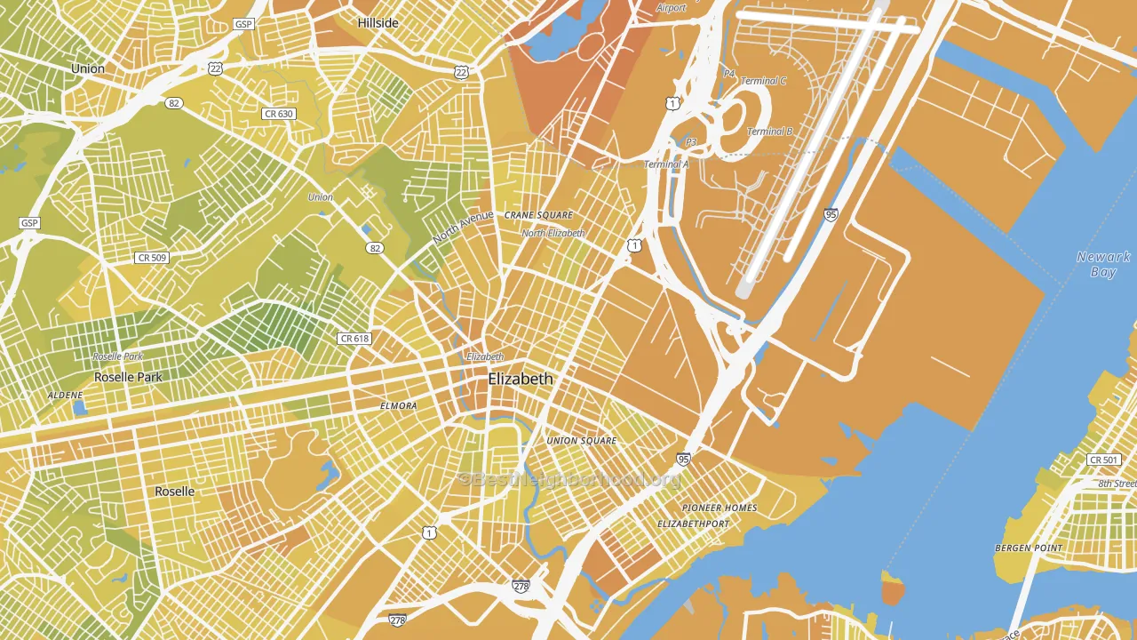Map of the best neighborhoods in the 07201 area, with better matches in green and worse matches in red