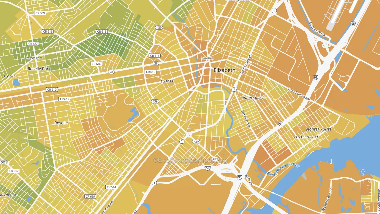 Map of the best neighborhoods in the 07202 area, with better matches in green and worse matches in red