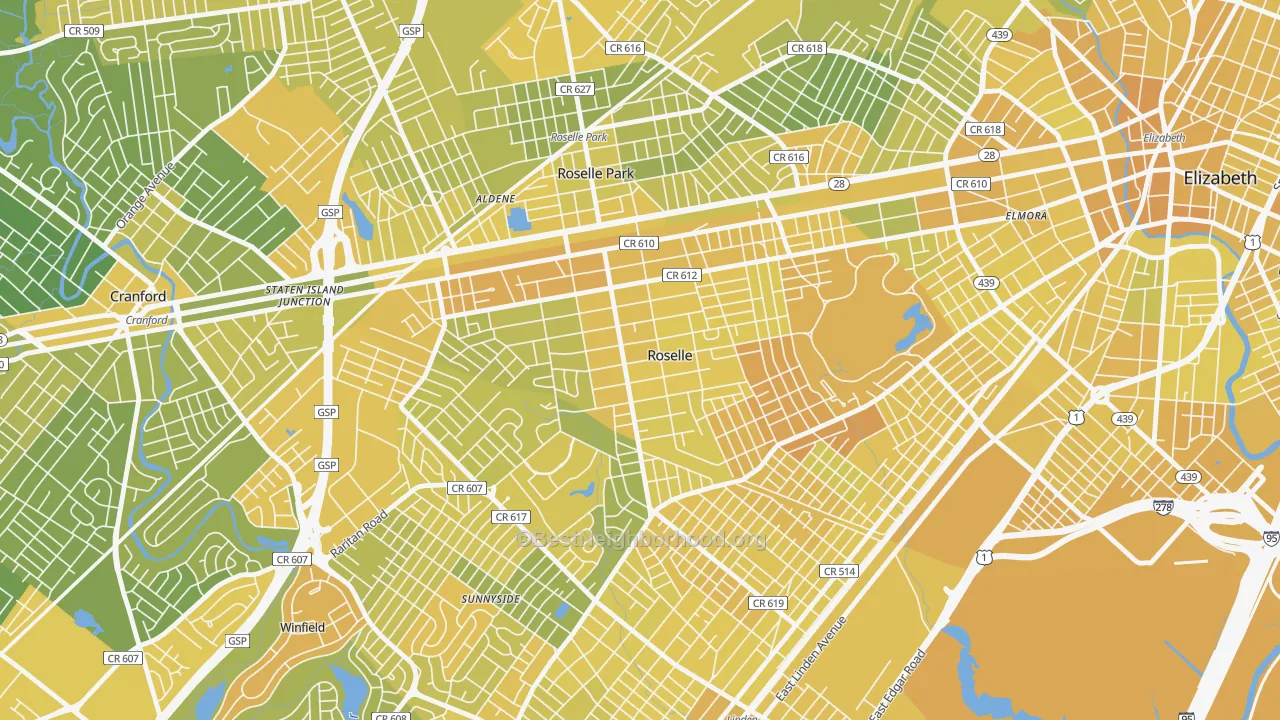 Map of the best neighborhoods in the 07203 area, with better matches in green and worse matches in red