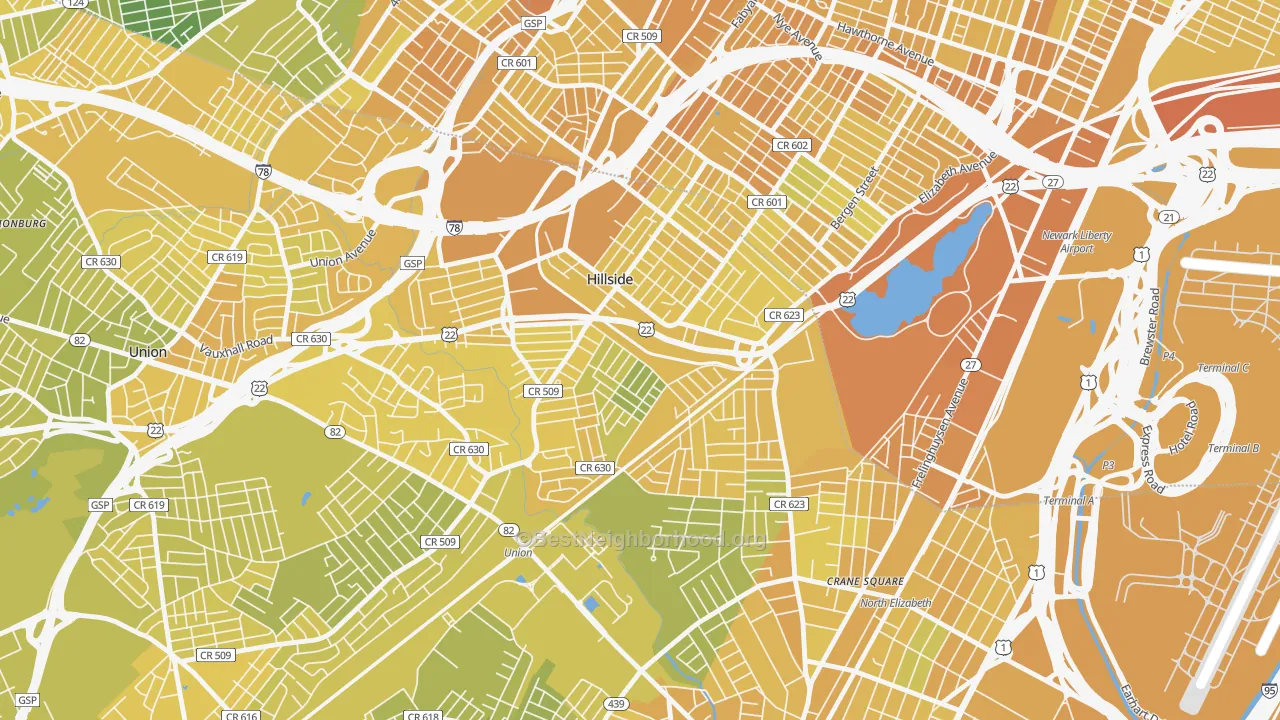 Map of the best neighborhoods in the 07205 area, with better matches in green and worse matches in red