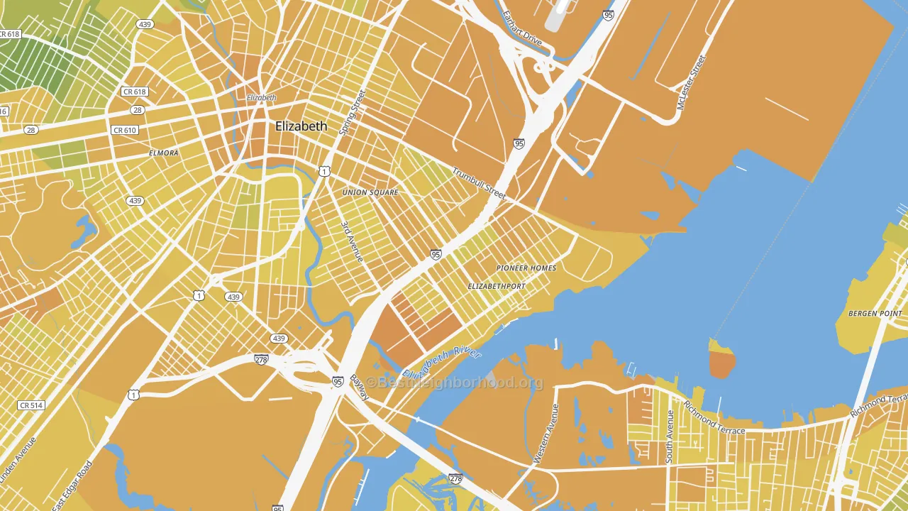 Map of the best neighborhoods in the 07206 area, with better matches in green and worse matches in red