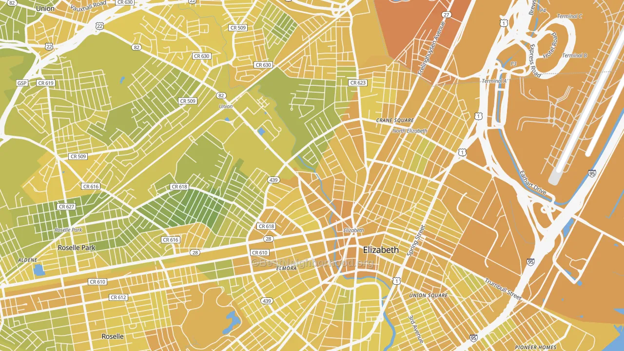 Map of the best neighborhoods in the 07208 area, with better matches in green and worse matches in red