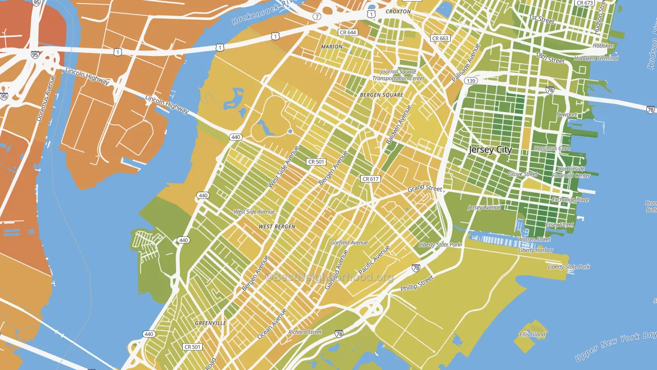 Map of the best neighborhoods in the 07304 area, with better matches in green and worse matches in red