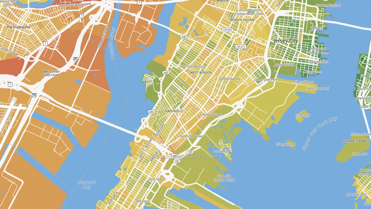 Map of the best neighborhoods in the 07305 area, with better matches in green and worse matches in red