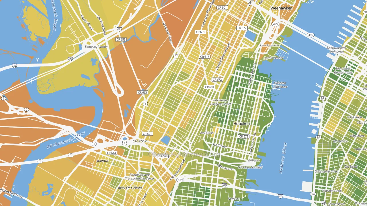 Map of the best neighborhoods in the 07307 area, with better matches in green and worse matches in red