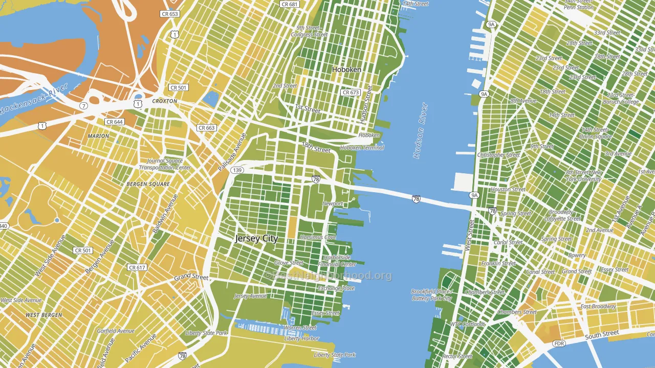 Map of the best neighborhoods in the 07310 area, with better matches in green and worse matches in red