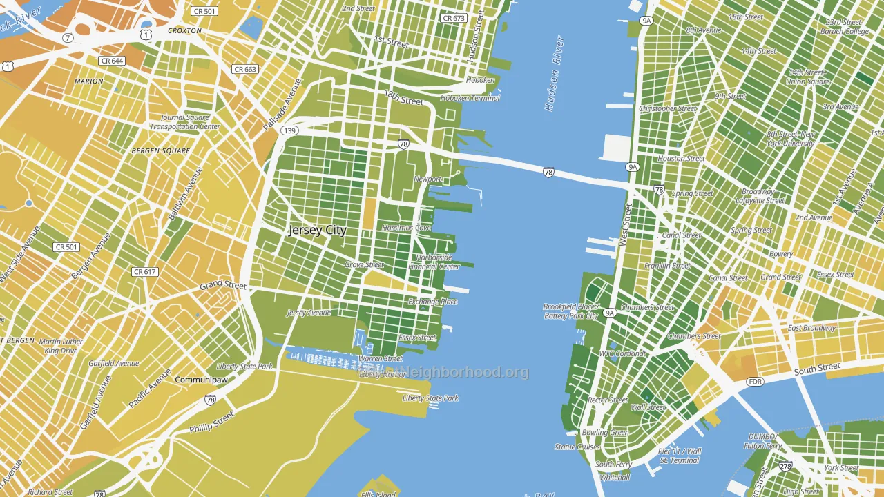 Map of the best neighborhoods in the 07311 area, with better matches in green and worse matches in red