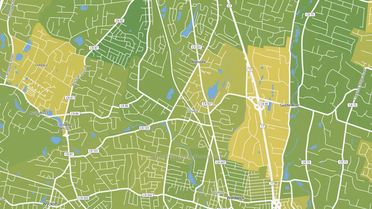 Map of the best neighborhoods in the 07401 area, with better matches in green and worse matches in red