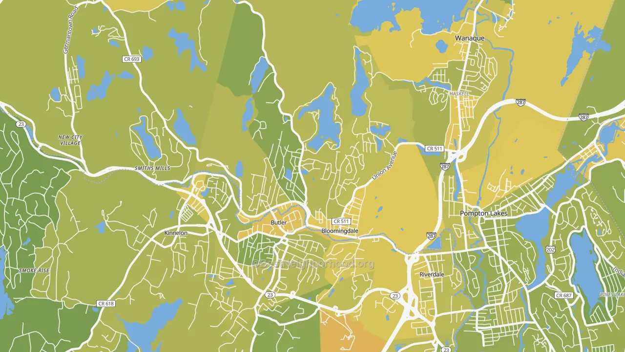 Map of the best neighborhoods in the 07403 area, with better matches in green and worse matches in red