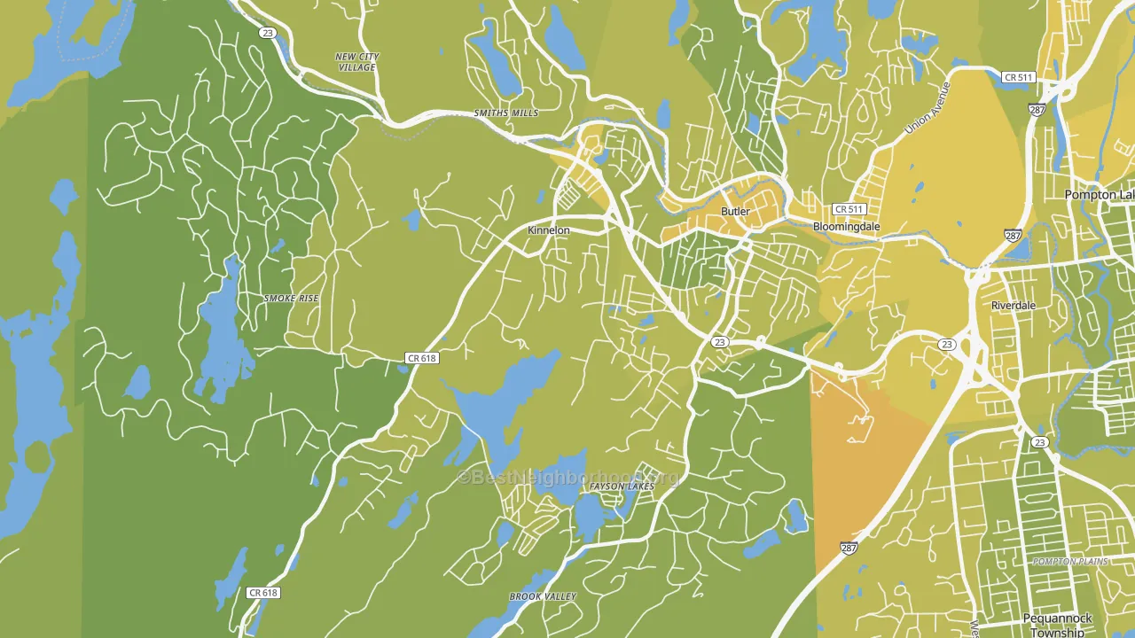Map of the best neighborhoods in the 07405 area, with better matches in green and worse matches in red