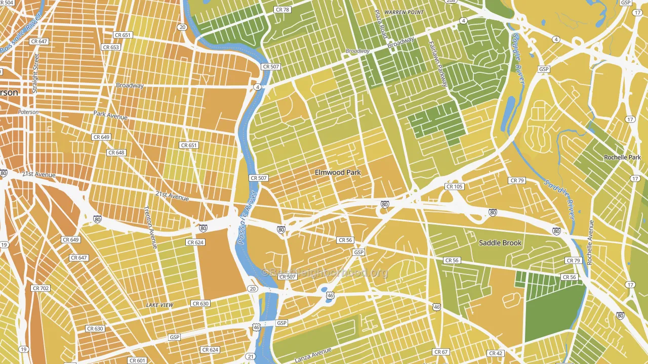Map of the best neighborhoods in the 07407 area, with better matches in green and worse matches in red