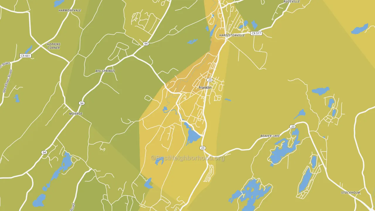 Map of the best neighborhoods in the 07416 area, with better matches in green and worse matches in red