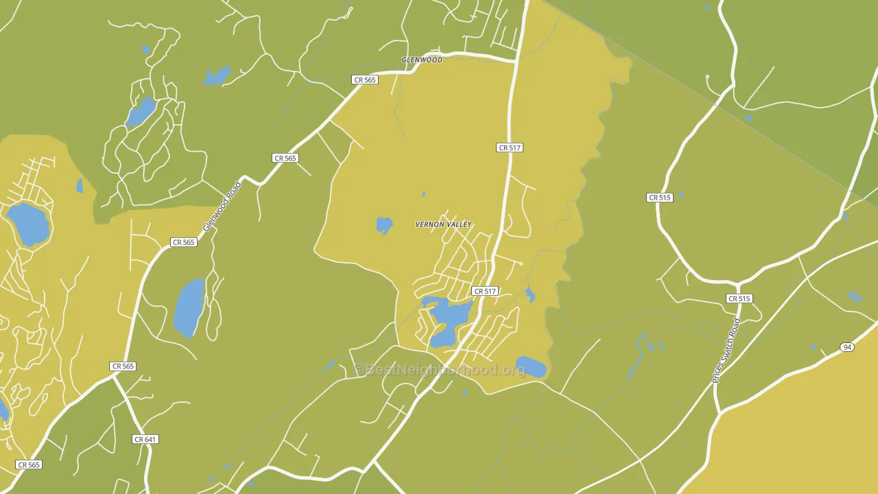 Map of the best neighborhoods in the 07418 area, with better matches in green and worse matches in red