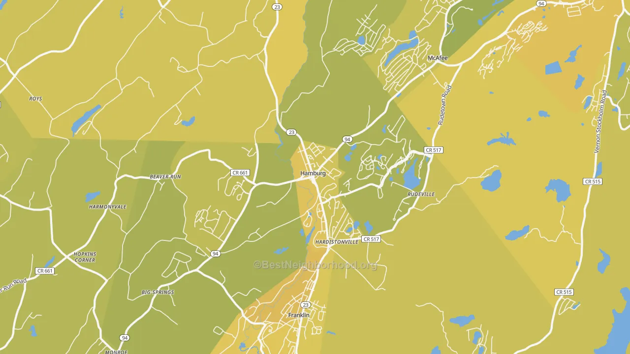 Map of the best neighborhoods in the 07419 area, with better matches in green and worse matches in red