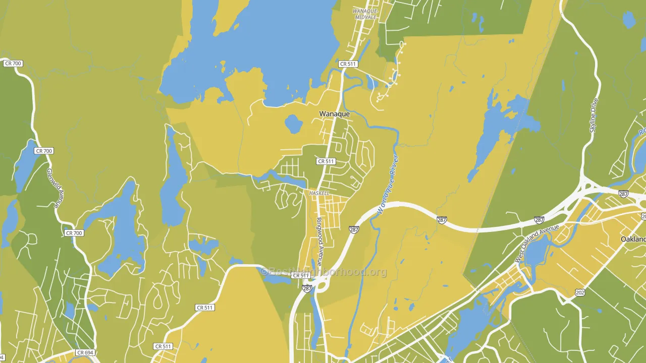 Map of the best neighborhoods in the 07420 area, with better matches in green and worse matches in red