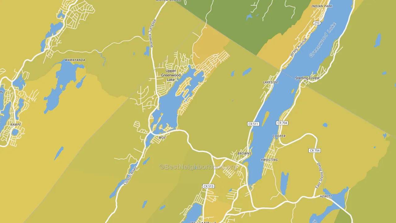 Map of the best neighborhoods in the 07421 area, with better matches in green and worse matches in red