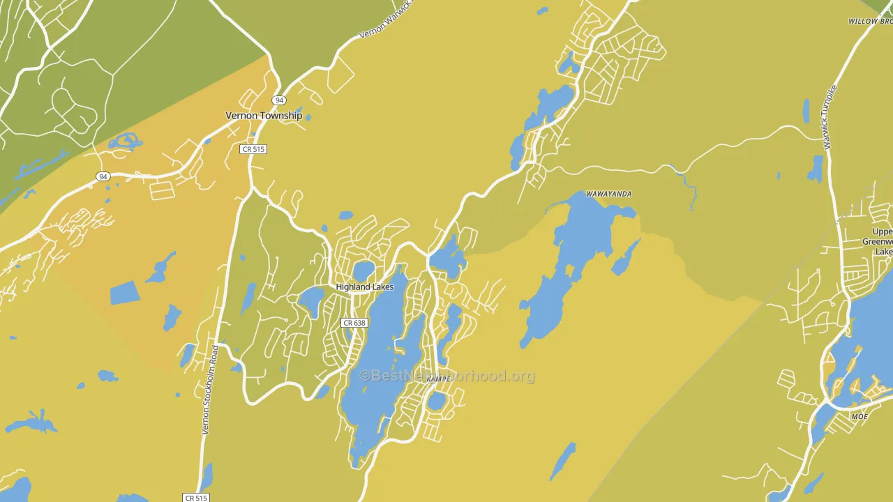 Map of the best neighborhoods in the 07422 area, with better matches in green and worse matches in red