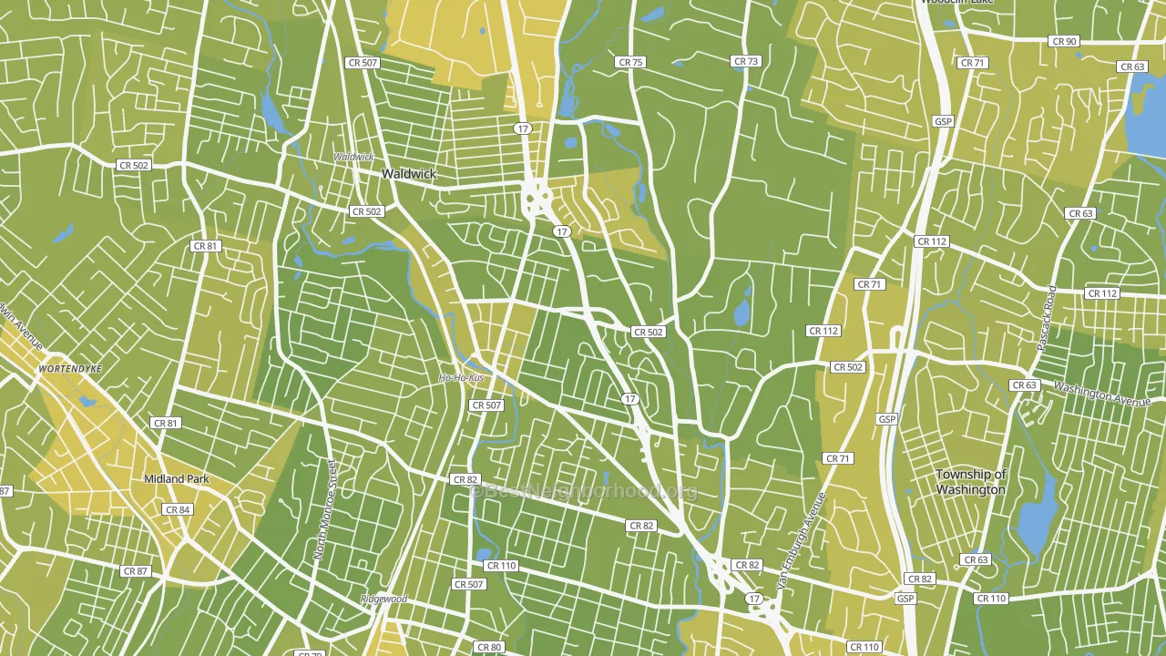Map of the best neighborhoods in the 07423 area, with better matches in green and worse matches in red