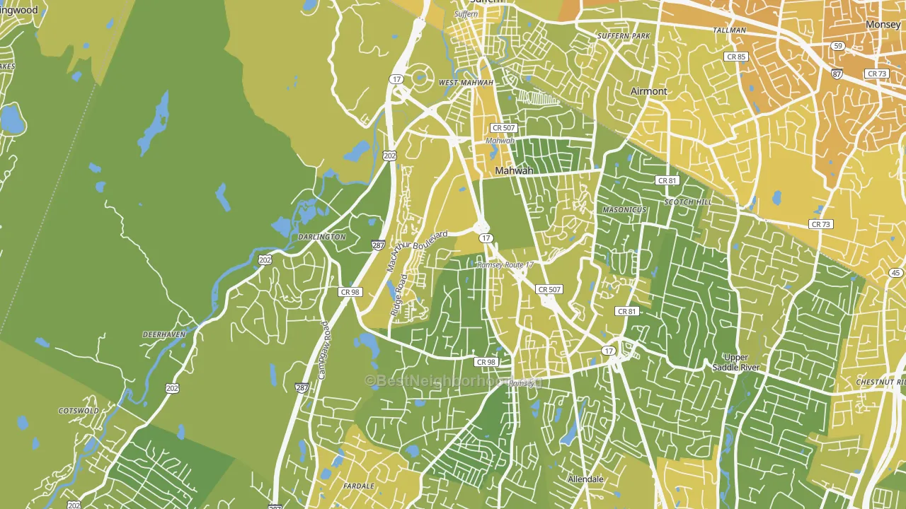 Map of the best neighborhoods in the 07430 area, with better matches in green and worse matches in red
