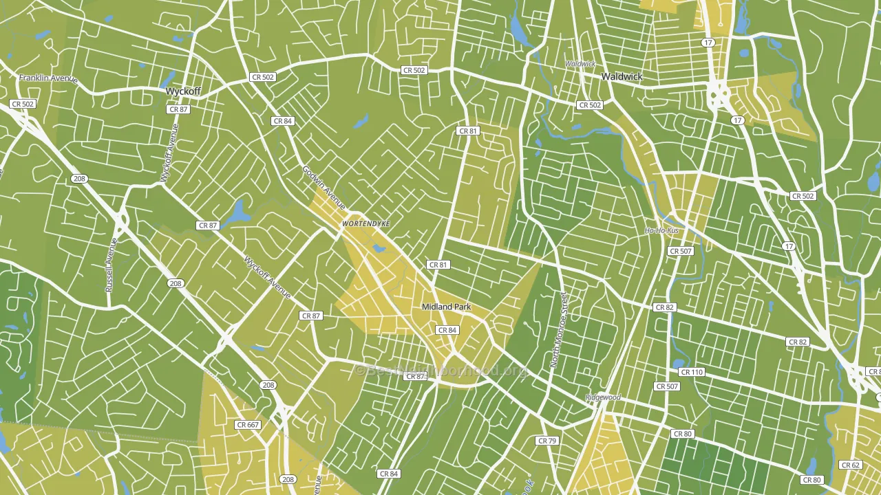 Map of the best neighborhoods in the 07432 area, with better matches in green and worse matches in red