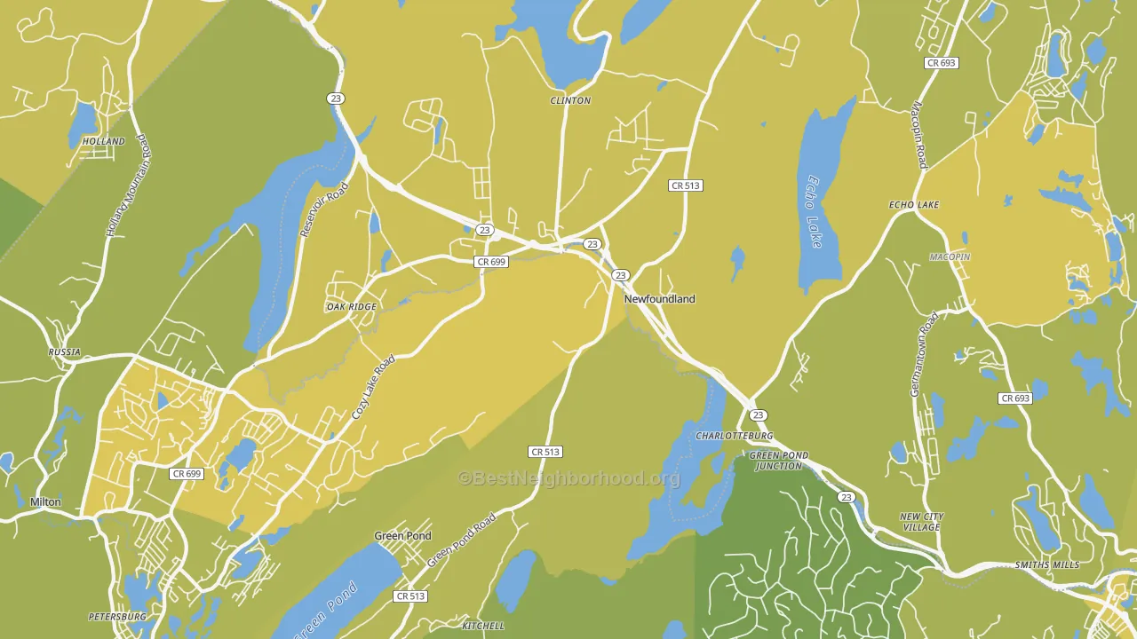 Map of the best neighborhoods in the 07435 area, with better matches in green and worse matches in red
