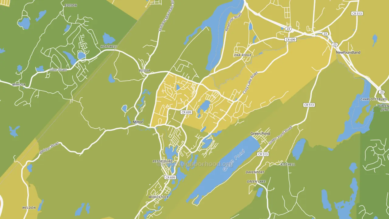 Map of the best neighborhoods in the 07438 area, with better matches in green and worse matches in red