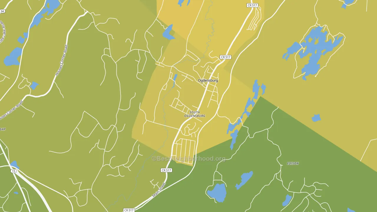 Map of the best neighborhoods in the 07439 area, with better matches in green and worse matches in red
