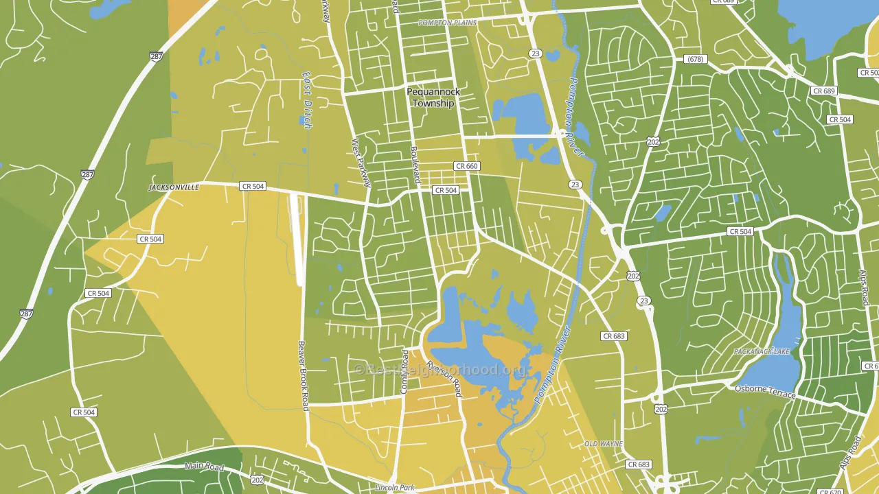 Map of the best neighborhoods in the 07440 area, with better matches in green and worse matches in red