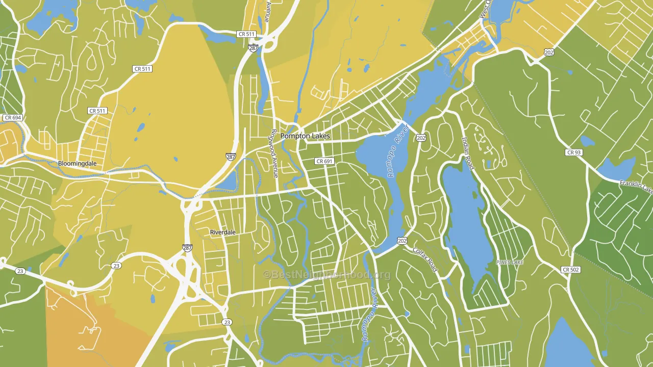 Map of the best neighborhoods in the 07442 area, with better matches in green and worse matches in red