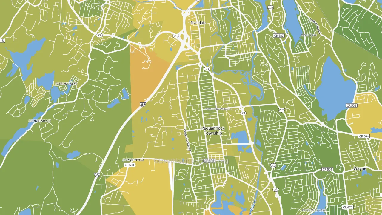 Map of the best neighborhoods in the 07444 area, with better matches in green and worse matches in red