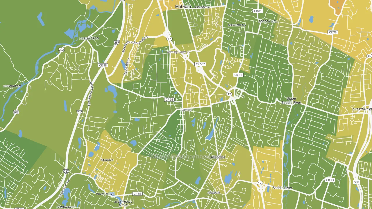 Map of the best neighborhoods in the 07446 area, with better matches in green and worse matches in red