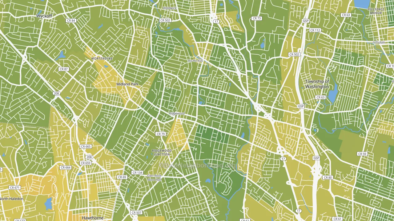 Map of the best neighborhoods in the 07450 area, with better matches in green and worse matches in red