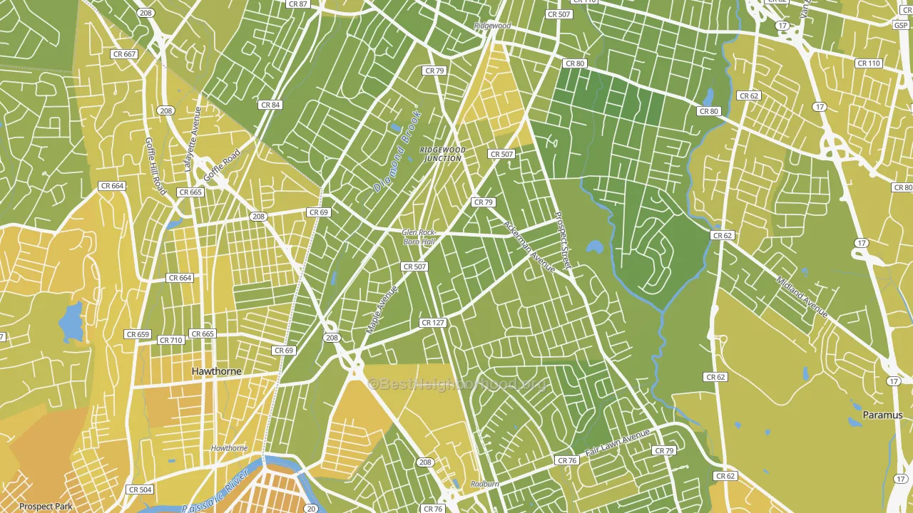 Map of the best neighborhoods in the 07452 area, with better matches in green and worse matches in red