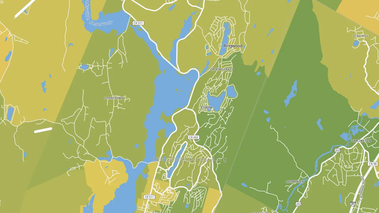 Map of the best neighborhoods in the 07456 area, with better matches in green and worse matches in red