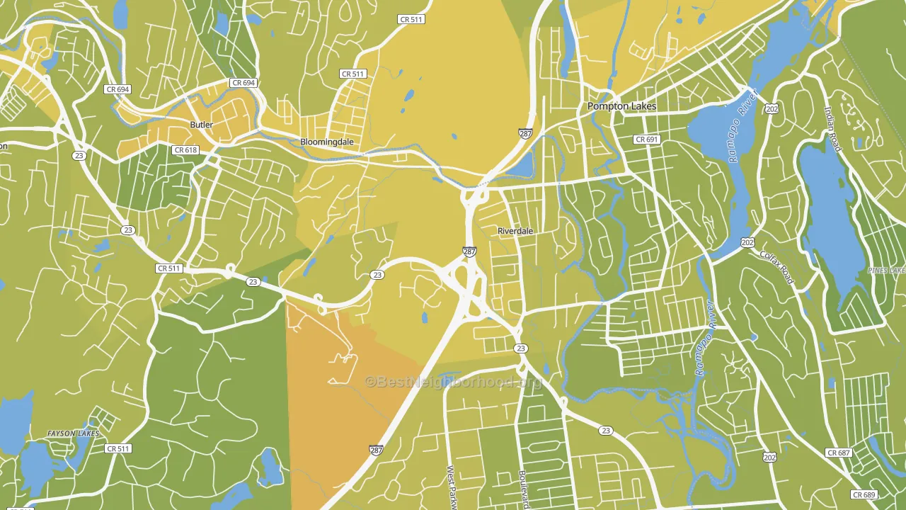 Map of the best neighborhoods in the 07457 area, with better matches in green and worse matches in red